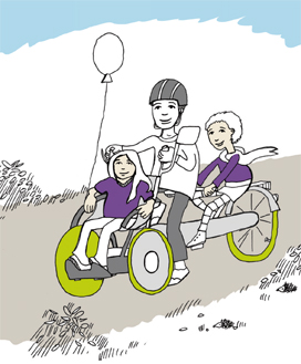 tandem-Illustration eFöB 3 Kinder fahren zusammen mit einem tandem inklusive Rolli