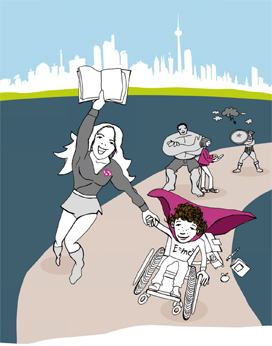 tandem-Illustration Ambulante Hilfen verschiedene Superheld*innen laufen auf einer Straße, Berliner Skyline
